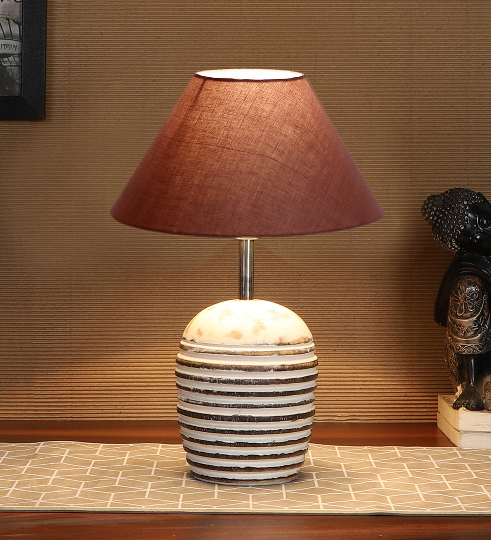 Ambika Home Premium Grey Cotton Table Lamp with Wooden Base | Designer Bedside Lamp for Living Room, Bedroom, Hotel, Café & Restaurant - Image 2