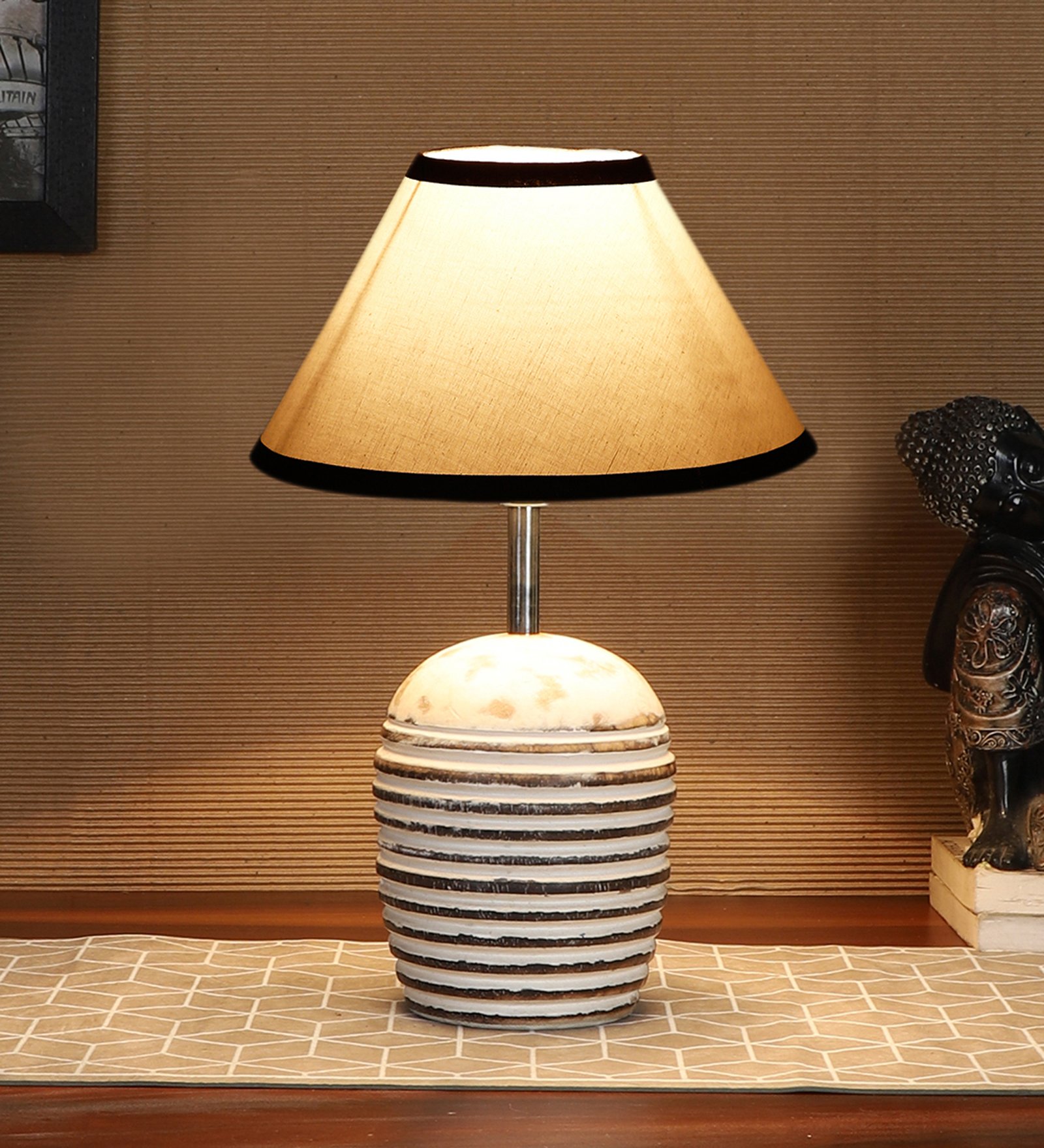 Ambika Home Premium Multi Cotton Table Lamp with Wooden Base | Designer Bedside Lamp for Living Room, Bedroom, Hotel, Café & Restaurant - Image 2