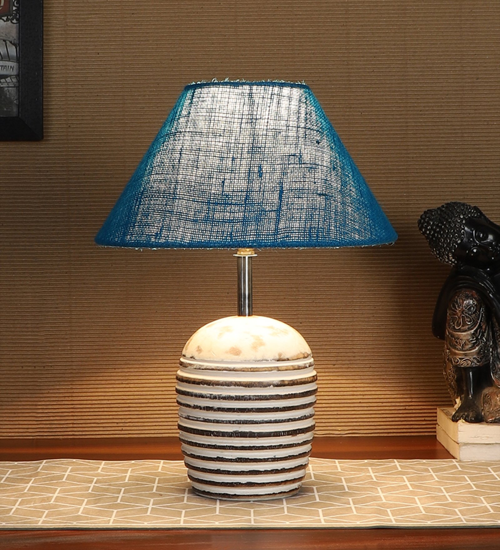 Ambika Home Premium Turquoise Jute Table Lamp with Wooden Base | Designer Bedside Lamp for Living Room, Bedroom, Hotel, Café & Restaurant - Image 2