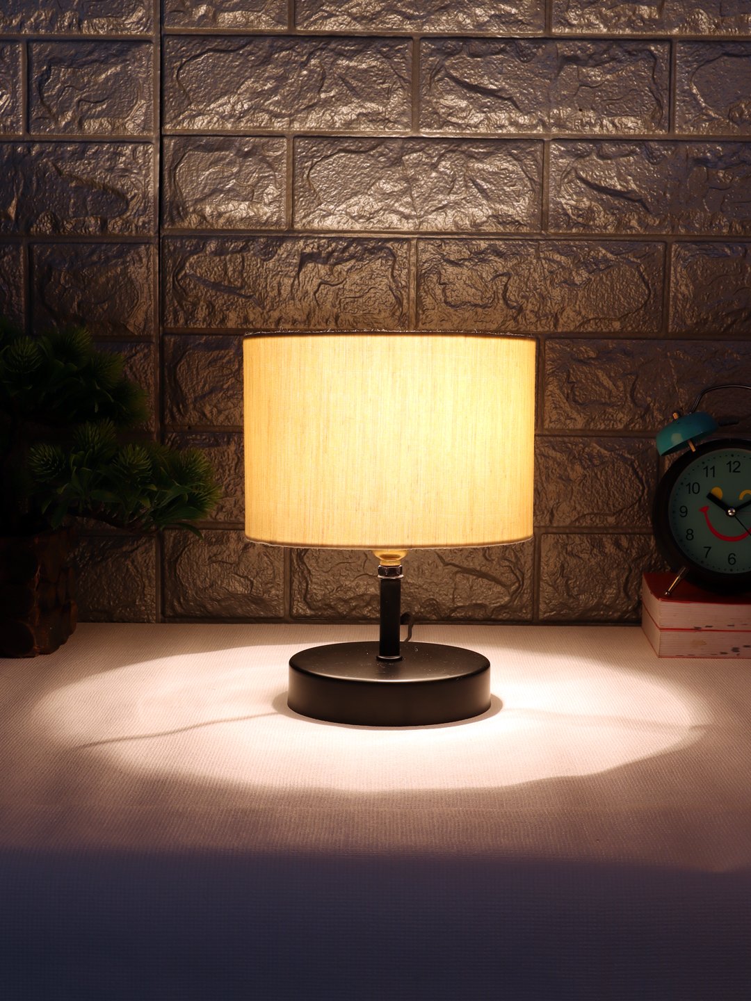 Ambika Home Off-white cotton Table Lamp with Black Wood Base | Designer Bedside Lamp for Living Room, Bedroom, Hotel, Café & Restaurant - Image 3
