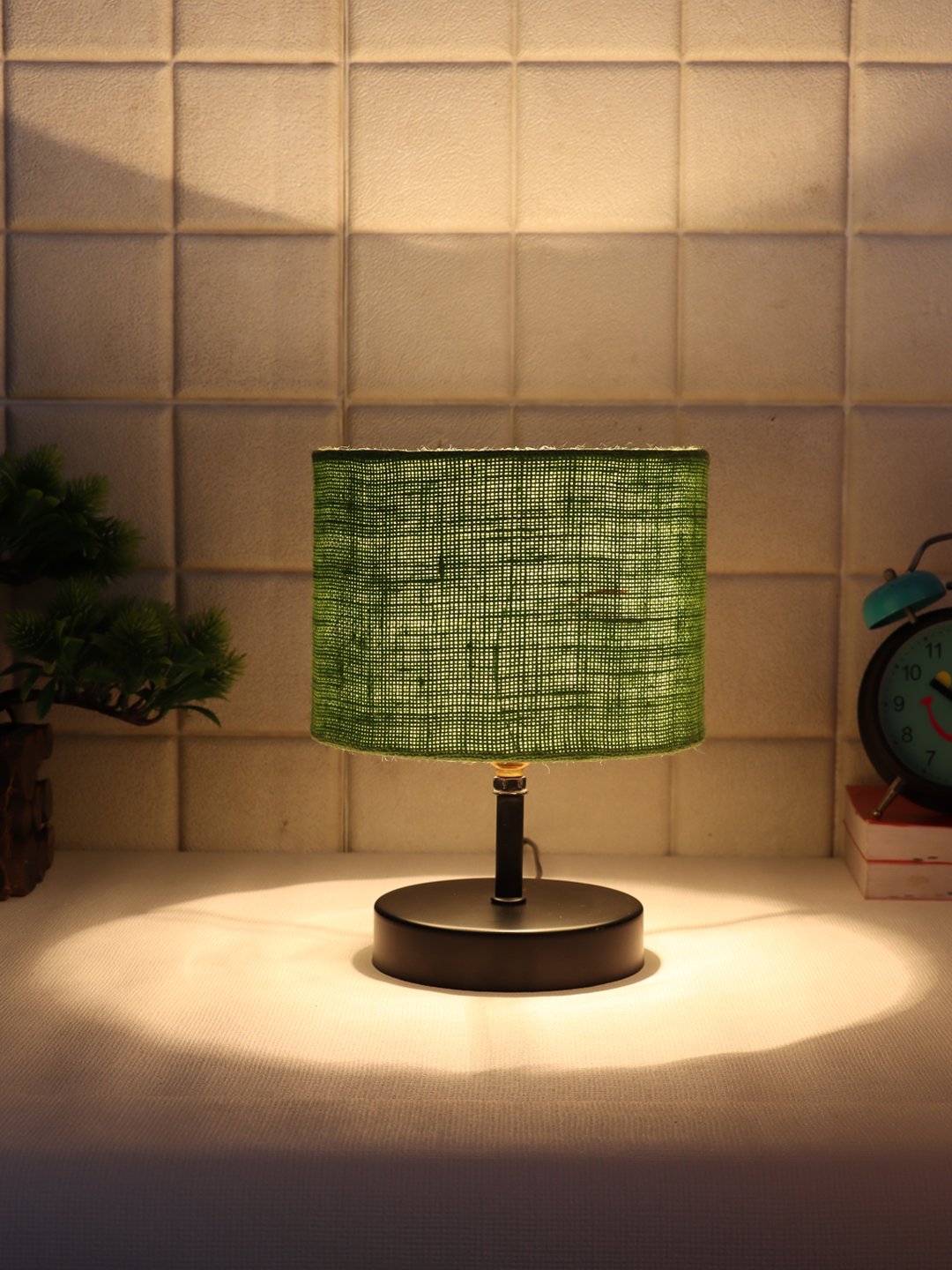 Ambika Home Green Jute Table Lamp with Black Wood Base | Designer Bedside Lamp for Living Room, Bedroom, Hotel, Café & Restaurant - Image 3