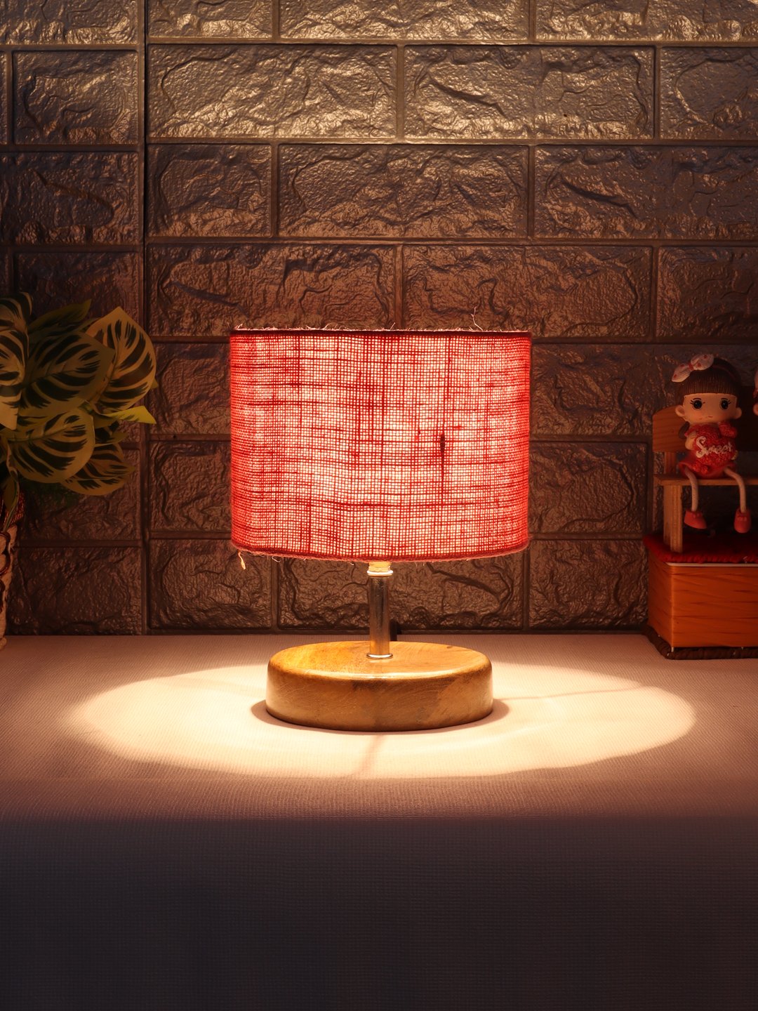 Ambika Home Pink Jute Table Lamp with Natural Wood Base | Designer Bedside Lamp for Living Room, Bedroom, Hotel, Café & Restaurant - Image 3