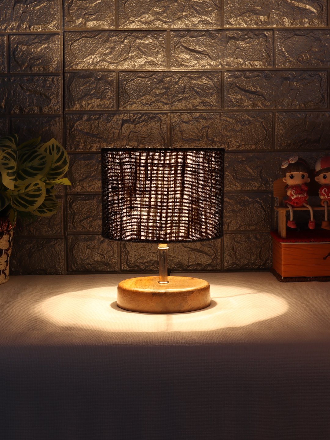 Ambika Home Black Jute Table Lamp with Natural Wood Base | Designer Bedside Lamp for Living Room, Bedroom, Hotel, Café & Restaurant - Image 3