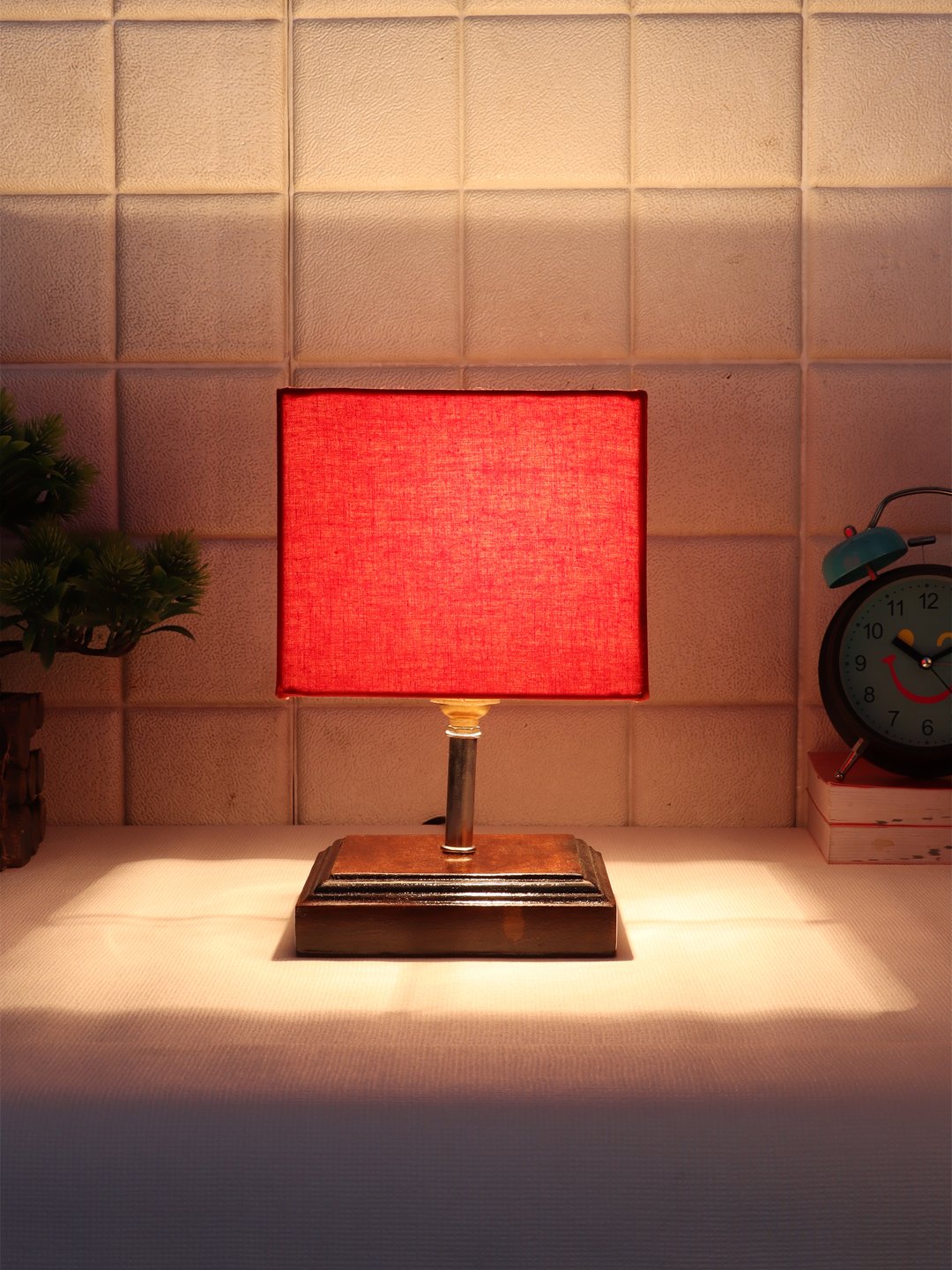 Ambika Home Red cotton Table Lamp with Brown Wood Base | Designer Bedside Lamp for Living Room, Bedroom, Hotel, Café & Restaurant - Image 3