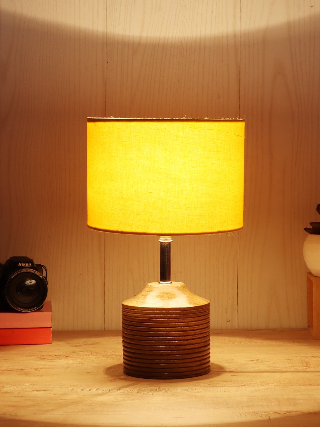 Ambika Home Yellow cotton Table Lamp with Natural Wood Base | Designer Bedside Lamp for Living Room, Bedroom, Hotel, Café & Restaurant - Image 3