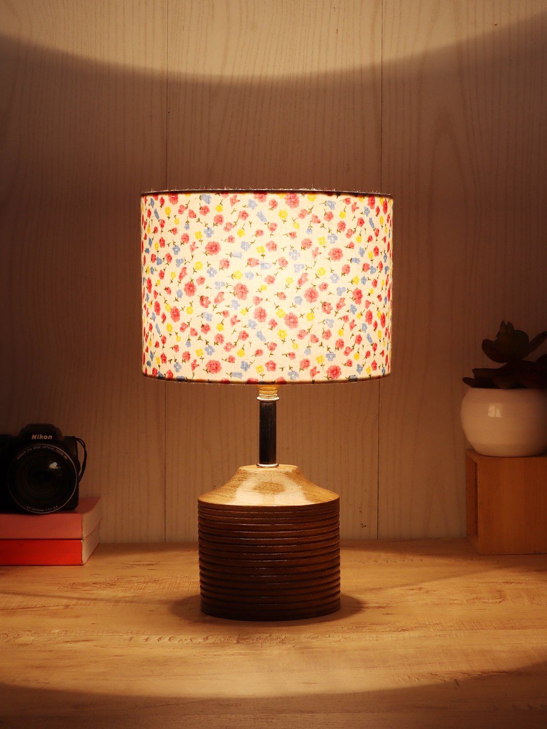 Ambika Home Multicolor cotton Table Lamp with Natural Wood Base | Designer Bedside Lamp for Living Room, Bedroom, Hotel, Café & Restaurant - Image 3