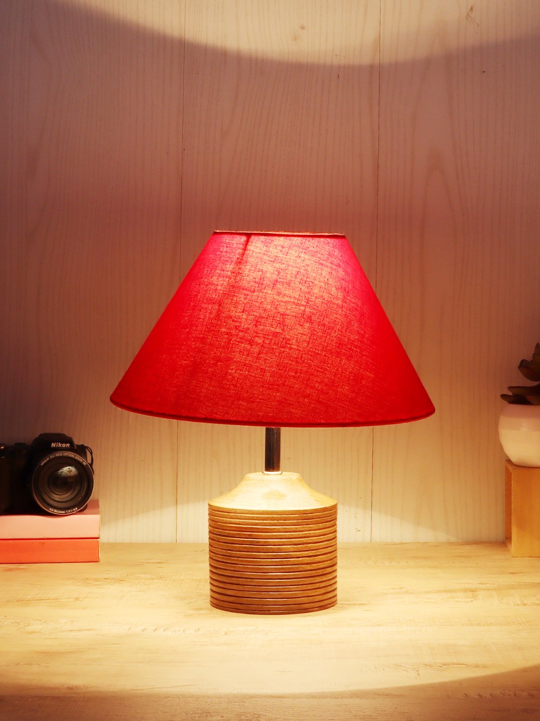 Ambika Home Red cotton Table Lamp with Natural Wood Base | Designer Bedside Lamp for Living Room, Bedroom, Hotel, Café & Restaurant - Image 3