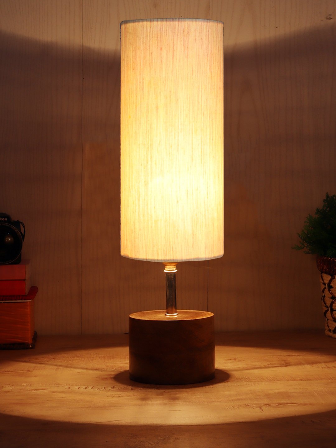 Devansh Off-white Cotton Table Lamp with Wooden Base | Decorative Bedside Lamp for Living Room, Bedroom, Hotel, Café, Restaurant & Home Décor - Image 3