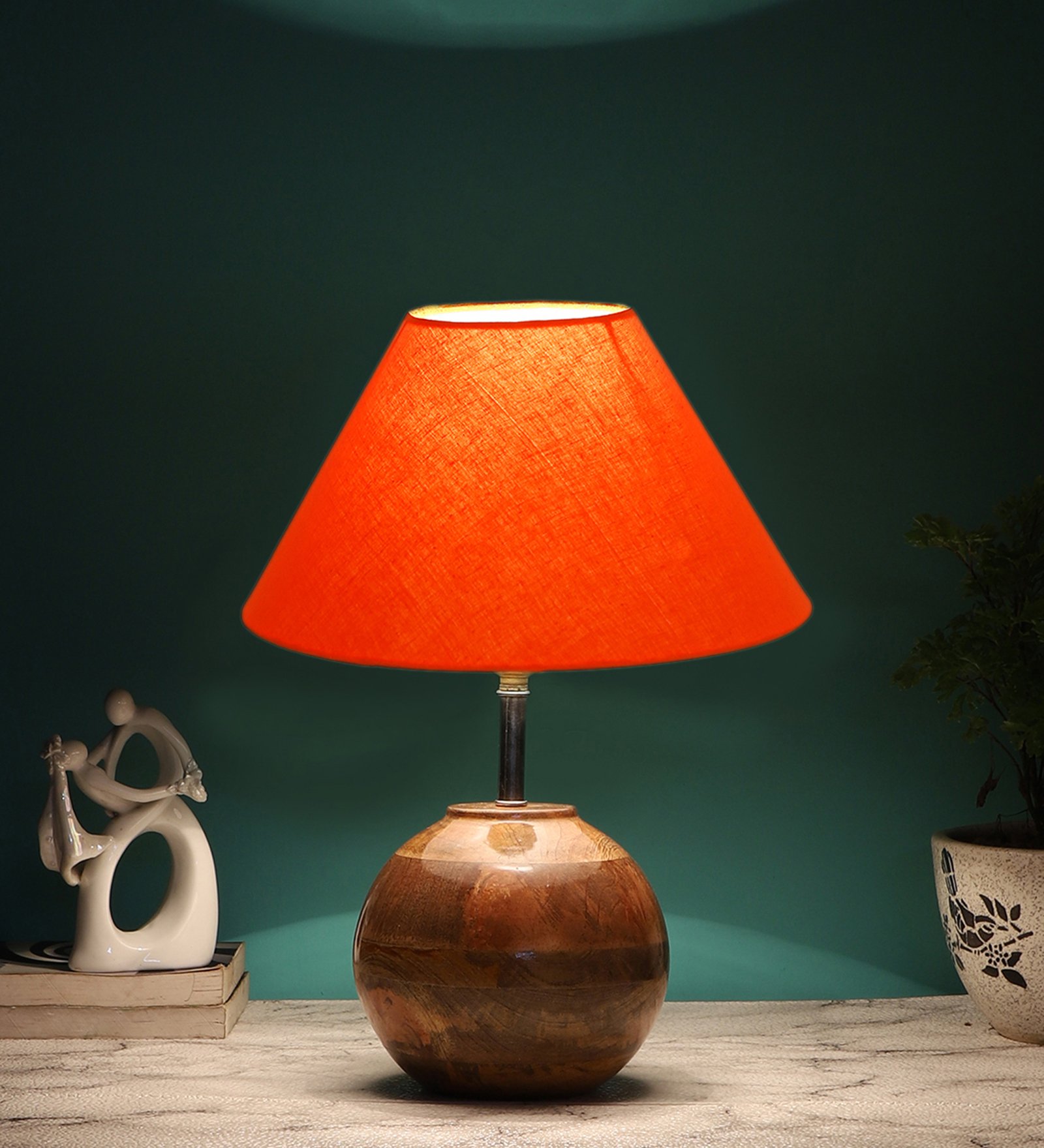 Ambika Home Premium Orange Cotton Table Lamp with Wooden Base | Designer Bedside Lamp for Living Room, Bedroom, Hotel, Café & Restaurant - Image 3