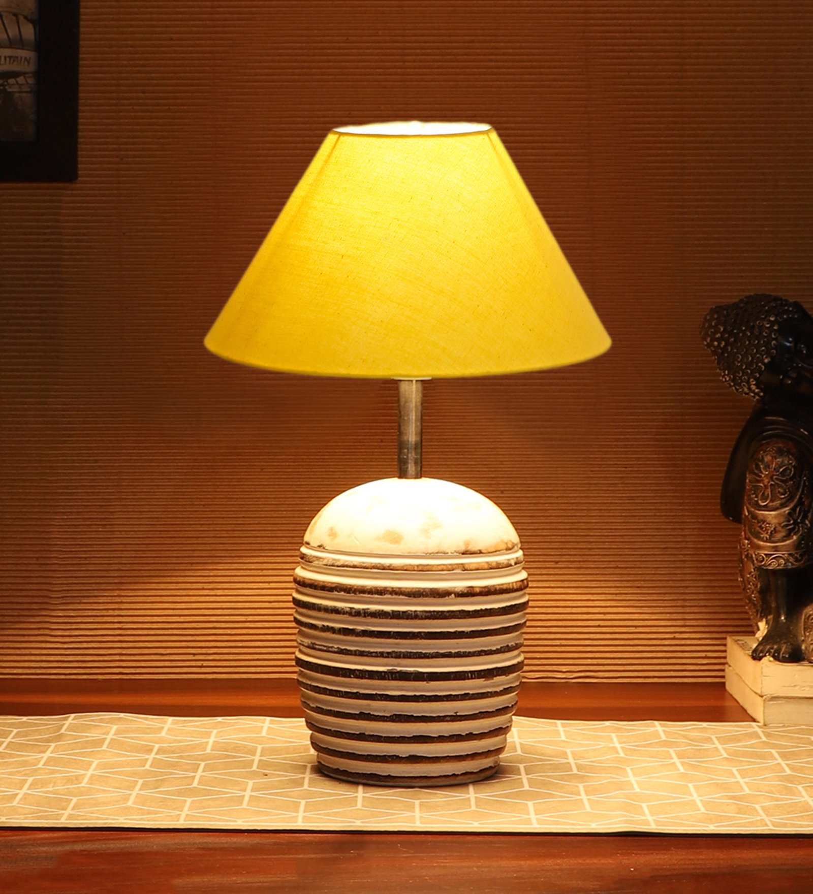Ambika Home Premium Yellow Cotton Table Lamp with Wooden Base | Designer Bedside Lamp for Living Room, Bedroom, Hotel, Café & Restaurant - Image 3