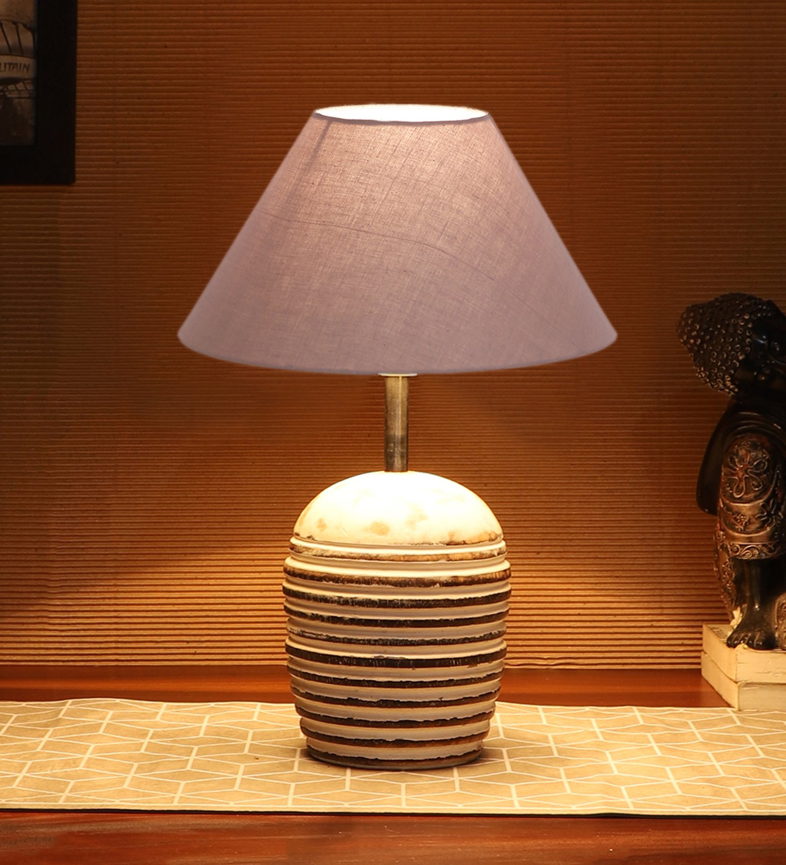 Ambika Home Premium Grey Cotton Table Lamp with Wooden Base | Designer Bedside Lamp for Living Room, Bedroom, Hotel, Café & Restaurant - Image 3