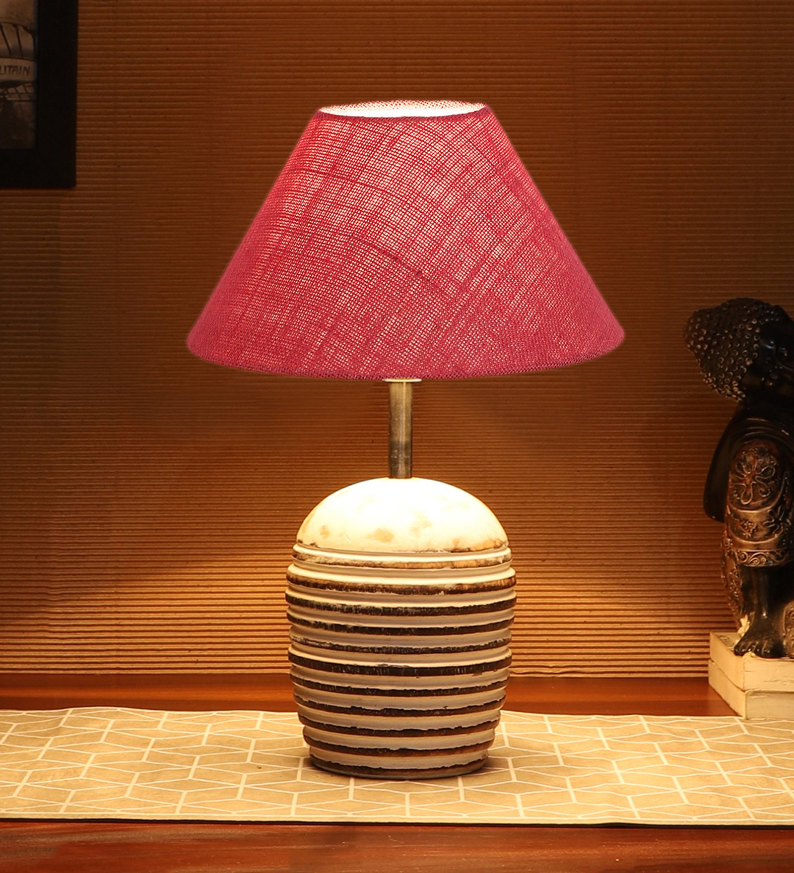 Ambika Home Premium Pink Jute Table Lamp with Wooden Base | Designer Bedside Lamp for Living Room, Bedroom, Hotel, Café & Restaurant - Image 3