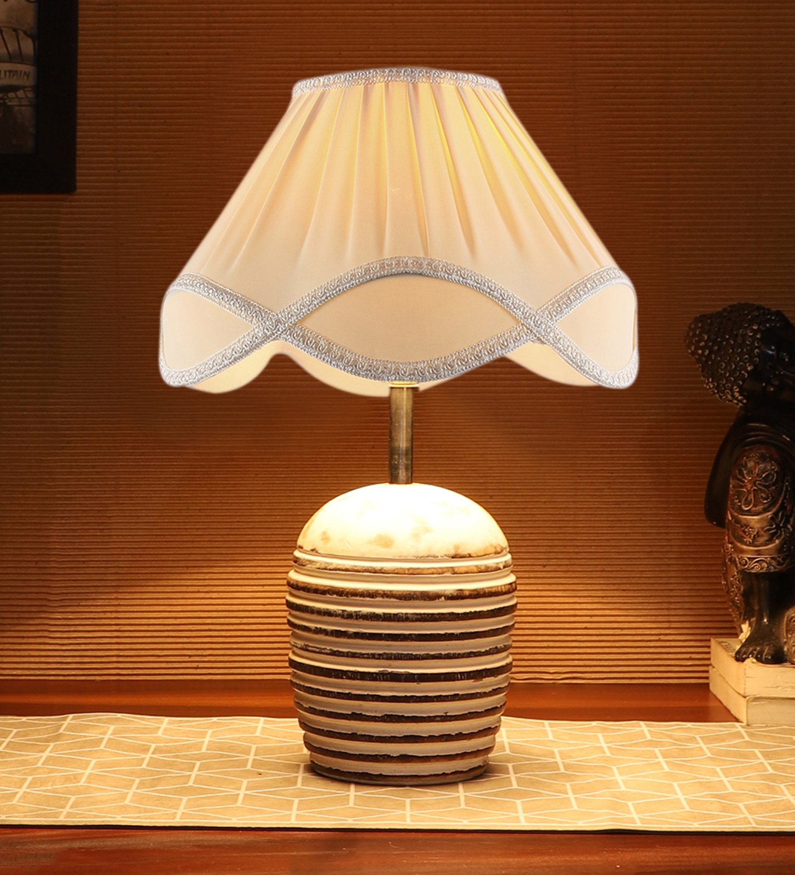 Ambika Home Premium off-white Cotton Table Lamp with Wooden Base | Designer Bedside Lamp for Living Room, Bedroom, Hotel, Café & Restaurant - Image 4