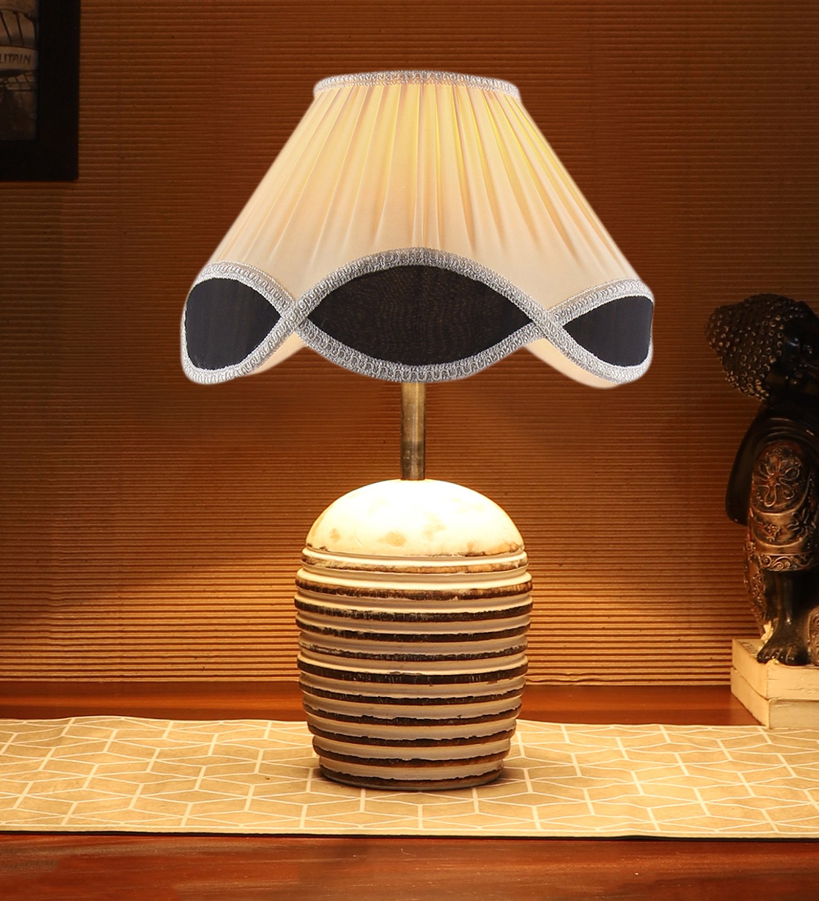 Ambika Home Premium Multi Cotton Table Lamp with Wooden Base | Designer Bedside Lamp for Living Room, Bedroom, Hotel, Café & Restaurant - Image 4