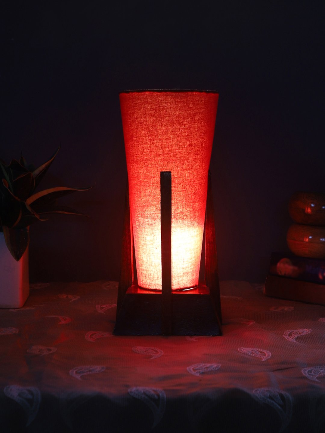 Ambika Home Red Cotton Conical Wooden Table Lamp | Modern Bedside Lamp for Bedroom, Living Room, Hotel, Café & Home Décor - Image 8