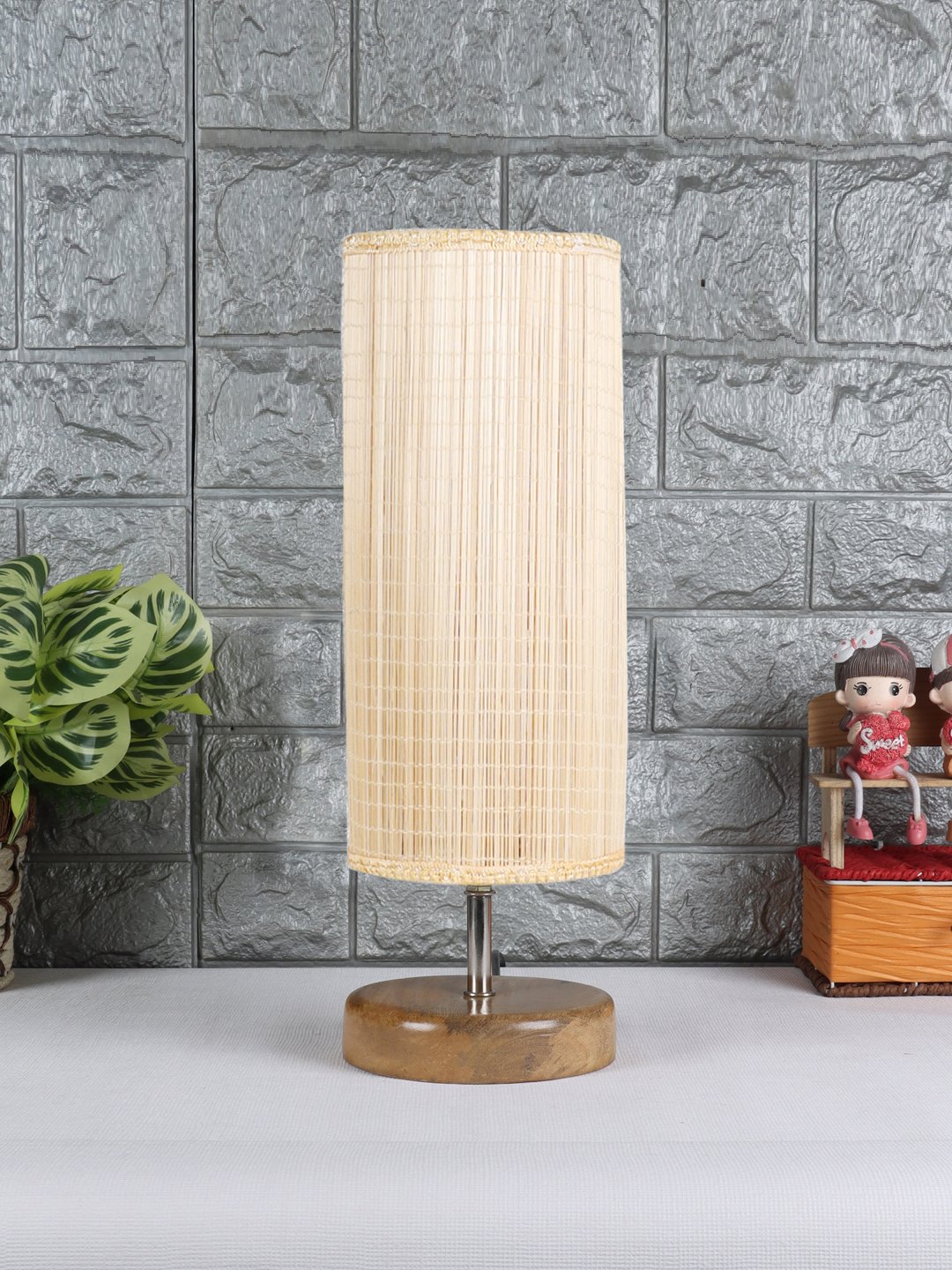 Handcrafted Ambika Home Wood Table lamp with Bamboo Shade | Decorative Wood Table Lamp for Living Room, Bedroom, Hotel, Café, Restaurant, Office & Home Décor | Wood Base, Beige Bamboo Shade | E27 Holder
