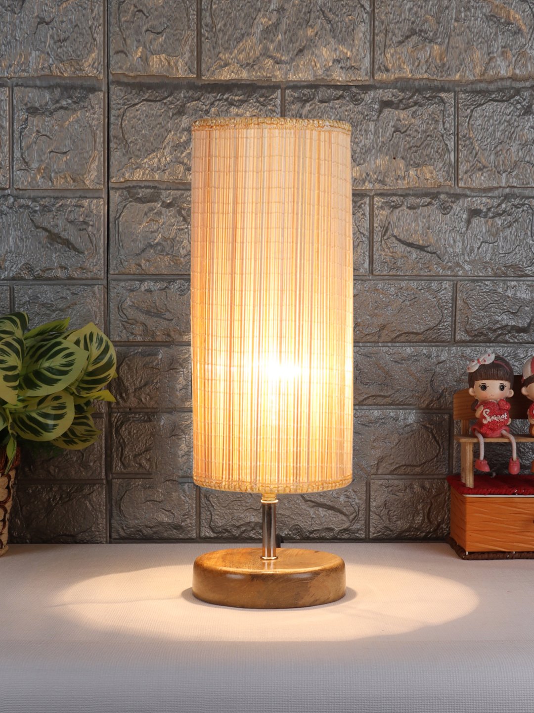 Handcrafted Ambika Home Wood Table lamp with Bamboo Shade | Decorative Wood Table Lamp for Living Room, Bedroom, Hotel, Café, Restaurant, Office & Home Décor | Wood Base, Beige Bamboo Shade | E27 Holder - Image 2