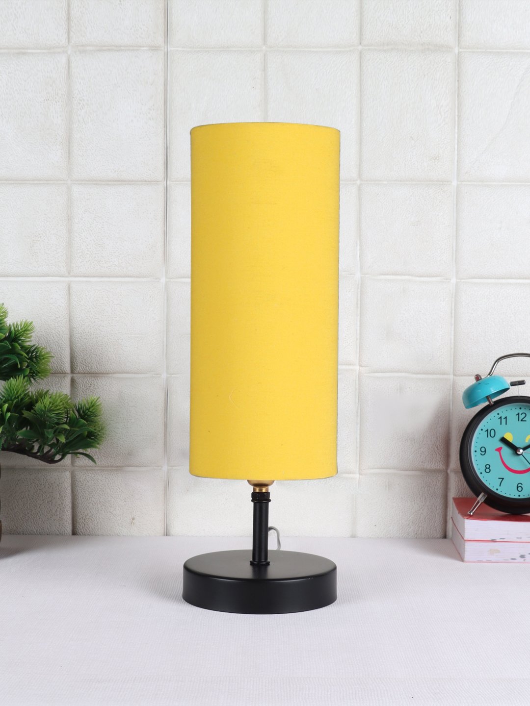 Minimalist Ambika Home Wood Table lamp with Yellow cotton Shade | Decorative Wood Table Lamp for Living Room, Bedroom, Hotel, Café, Restaurant, Office & Home Décor | Wood Base, Yellow cotton Shade | E27 Holder