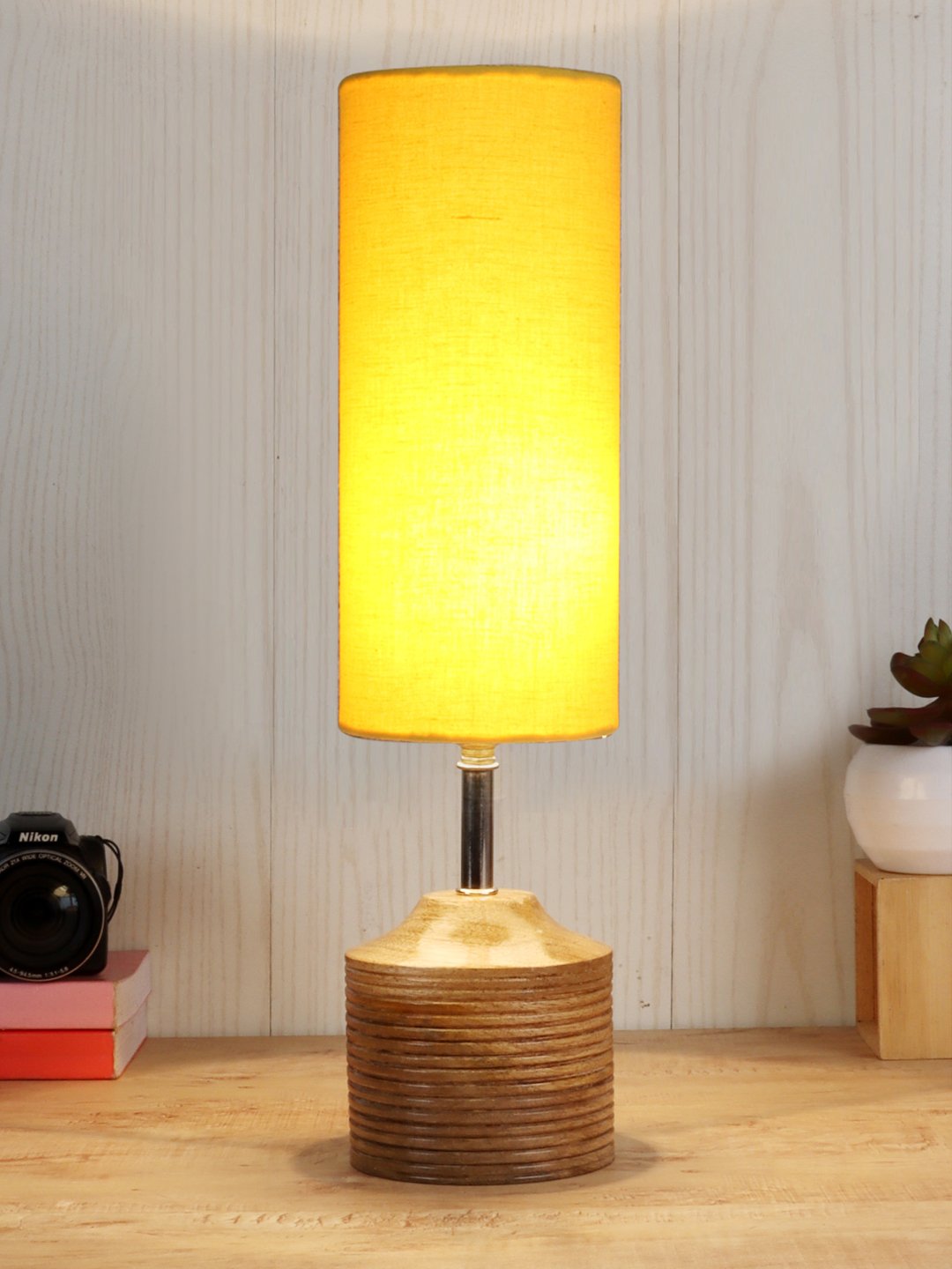 Contemporary Ambika Home Wood Table lamp with Yellow cotton Shade | Decorative Wood Table Lamp for Living Room, Bedroom, Hotel, Café, Restaurant, Office & Home Décor | Wood Base, Yellow cotton Shade | E27 Holder - Image 2