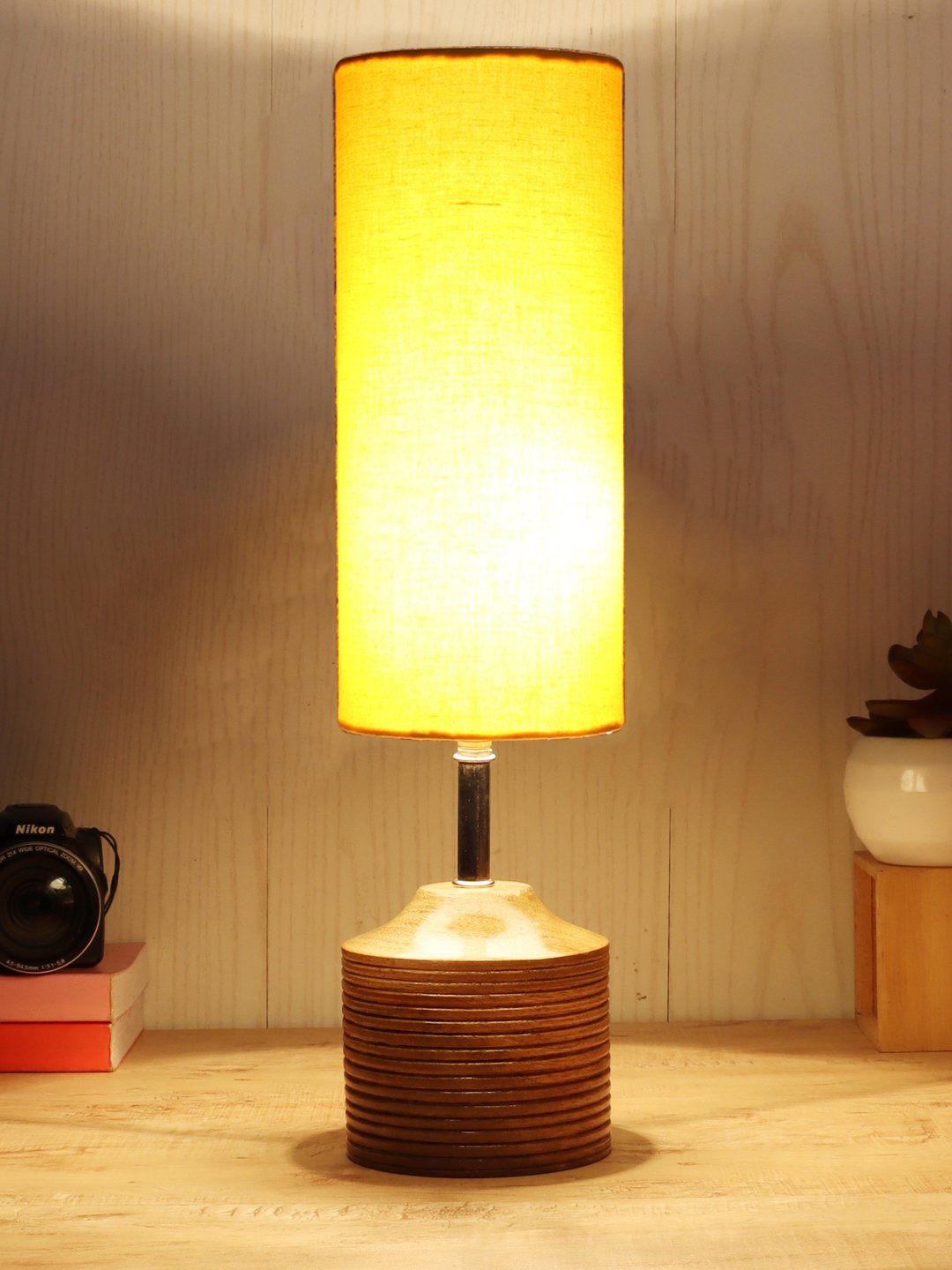 Contemporary Ambika Home Wood Table lamp with Yellow cotton Shade | Decorative Wood Table Lamp for Living Room, Bedroom, Hotel, Café, Restaurant, Office & Home Décor | Wood Base, Yellow cotton Shade | E27 Holder - Image 3