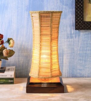 Ambika Home Premium Handmade Beige Bamboo Damru Table Lamp with Square & Brown Wooden Base | Boho Bedside Lamp for Bedroom, Living Room, Hotel, CafÃ© & Office | E27 Holder